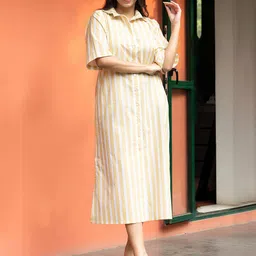 Moda Rapido Women PrintPure Cotton Striped Shirt Maxi Dress-picture-48