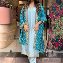 Moda Rapido Floral Yoke Design V-Neck Sequinned Straight Kurta With Trousers & Dupatta-23