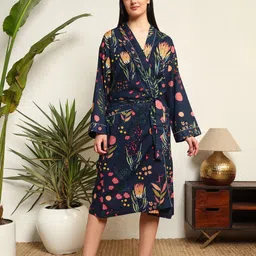 HANDICRAFT PALACE Blue and Green Floral Printed 100% Cotton Bath Robe-image-64