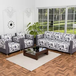 Aura White & Black 16 Pieces Geometric Printed 5 Seater Sofa Covers With Arm Covers-image-62