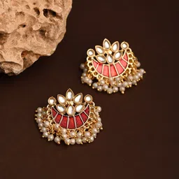Anvik Gold-Plated Artificial Stones Studded & Beaded Meenakari Crescent Shaped Studs-16