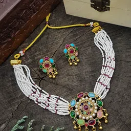 GRIIHAM Gold-Plated Stone Studded Pearl Choker Jewellery Set-50