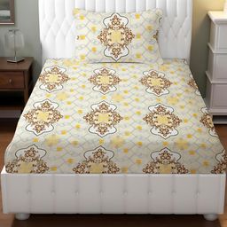 IVAZA Cream-Coloured & Yellow Printed 800 TC Queen Bedsheet With 1 Pillow Cover-image-61