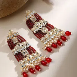ASMITTA JEWELLERY Gold-Plated Kundan Studded & Pearls Beaded Floral Drop Earrings-image-50