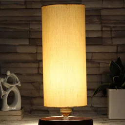 Devansh Off White Solid Cotton Table Lamp with Brown Base-9