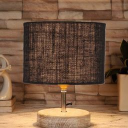 Devansh Black & White Textured Jute Table Lamp With Wood Base image 3