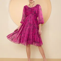 Antheaa Floral Puff Sleeve Chiffon Empire Dress-image-11