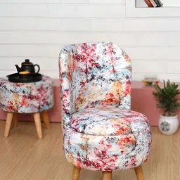 Shadowkart White & Red Printed Wooden & Velvet Round Ottoman-11
