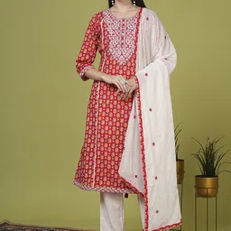 FASHOR Floral Printed Round Neck Thread Work Pure Cotton Kurta & Trousers With Dupatta-55