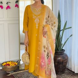 NIZA FASHION Women Ethnic Motifs Embroidered Round Neck Kurta with Trousers & With Dupatta-image-59