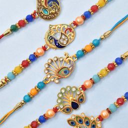 MEIRA JEWELLERY Pack Of 5 Rakhi With Roli Chawal & Greeting Card-image-43