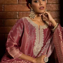 Indo Era Floral Zari Embroidered Straight Kurta with Trouser & Dupatta-35