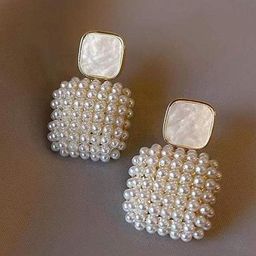 PASU FASHION Gold-Plated Artificial Beads Beaded Square Drop Earrings-39