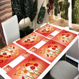 REVEXO 12 Pcs Red & Yellow Printed Table Placemats With Coasters-2
