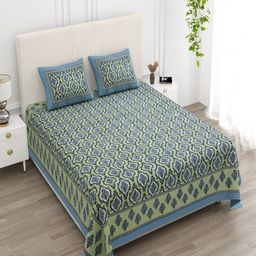 CHICERY Blue & Green Floral 210 TC King Bedsheet with 2 Pillow Covers-image-60