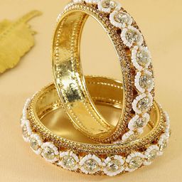 ZULKA Set Of 2 Gold-Plated CZ & AD Stone Studded Pearls Beaded Bangles-image-86