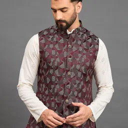 House of Pataudi Jacquard Woven Design Mandarin Collar Nehru Jacket-43