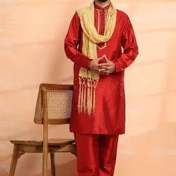 SKAVIJ Men Ethnic Motifs Embroidered Regular Thread Work Dupion Silk Kurta with Pyjamas & With Dupatta-picture-4