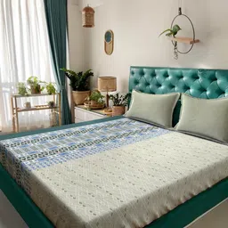 KLOTTHE Olive & Blue Geometric Printed 400 TC Cotton King Bedsheet Set 2.70 m x 2.70 m-image-23