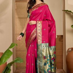 Sangria Women Magenta & Blue Woven Design Zari Silk Blend Paithani Saree-picture-17