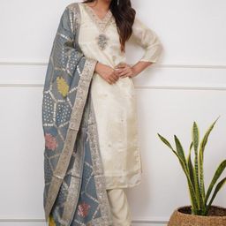 KALINI Ethnic Motifs Embroidered Chanderi Silk Straight Kurta With Trousers And Dupatta-0