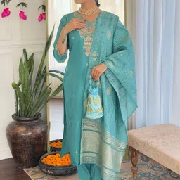 KALINI Women Floral Embroidered Kurta with Trouser & Dupatta-image-49