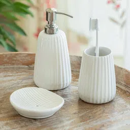 ExclusiveLane Off White 3 Pieces Striped Ceramic Bath Accessories Set-58