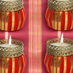 GADINFASHION Gold-Toned & Red 4 Pieces Textured Tealight Candle Holders-4