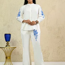 INAAYA JAIPUR Floral Embroidered Mandarin Collar Pure Cotton Shirt With Trousers-image-27