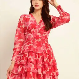 Deewa Women Floral Print Puff Sleeve Layered Georgette A-Line Mini Dress-picture-16