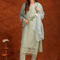 KALINI Women Regular Thread Work Chanderi Cotton Kurta with Trousers & With Dupatta-picture-12