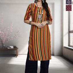 HERE&NOW Selection of 3 Striped Printed Round Neck Straight Kurtas-picture-6