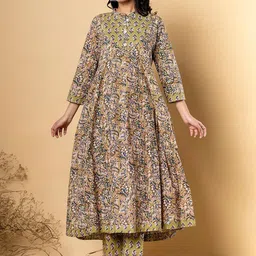 Readiprint Fashions Floral Printed Mandarin Collar Pure Cotton Kurta With Trousers-picture-47