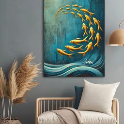 999Store Blue & Gold Toned Fish Swimming Printed Canvas Wall Art-image-53