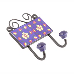 IndianShelf Blue and Yellow Ceramic Floral Printed Wall Hook-image-77
