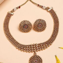 KARATCART Gold-Plated Kundan Stone Studded Round Balls Beaded Necklace and Earrings-14