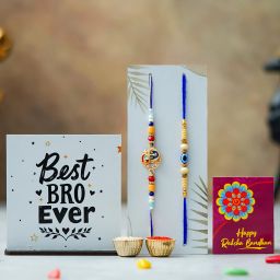 Designer Rakhi Gift Set For Brother Combo With Roli Chawal Greeting Card- FRM4-C16-C4 Mauli Thread Showpiece, Rakhi, Greeting Card, Chawal Roli Pack Set-image-0