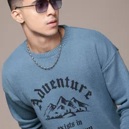 Men Printed Round Neck Blue Sweater-image-20