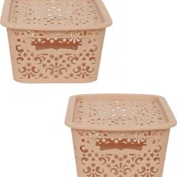 Plastic Small Turkish Baskets Small with Lid for Kitchen | Office | Pen | Pencil | Colours Utility | Cosmetics | Accessories | Closet | Wardrobe - Beige | Set of 2 Storage Basket (Pack of 2) Storage Basket-image-26