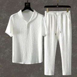 Men Night Suit Set White Self Design-image-4