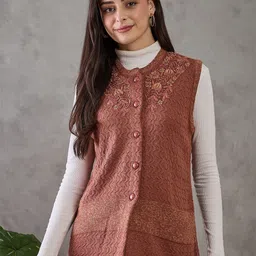 CLAPTON Women Floral Woollen Sweater Vest with Embroidered Detail-picture-0