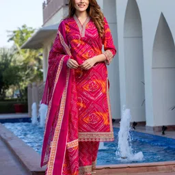 KALINI Bandhani Printed V-Neck Zari Pure Cotton Straight Kurta With Trouser And Dupatta-1
