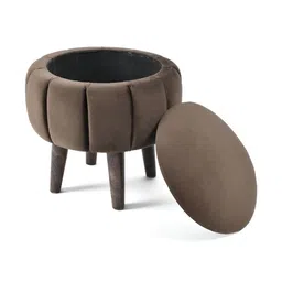 NACIA Brown Wooden & Velvet Round Storage Ottoman-image-62