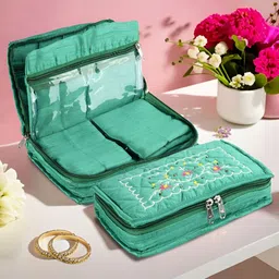 Aura Green and Pink 2 Pieces Embroidered 7-Compartments Jewellery Organisers-19
