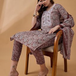 all about you Women Ethnic Motifs Printed Regular Thread Work Kurta with Trousers & With Dupatta image 4