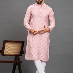 House of Pataudi Men Embroidered Mandarin Collar Sequin Straight Kurta-image-54