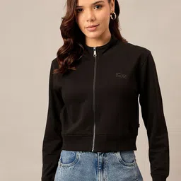 The Roadster Lifestyle Co. Women Solid Mock Collar Cotton Front-Open Sweatshirt-picture-20