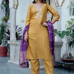 KALINI Ethnic Motifs Yoke Design Sequinned Straight Kurta with Palazzo & Dupatta-picture-54