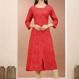 COTTON CULTURE Bandhani Printed Round Neck Panelled A-Line Kurta-6