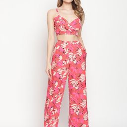 EROTISSCH Purple Tropical Printed Shoulder Straps Relaxed-Fit Top With Trouser-image-43